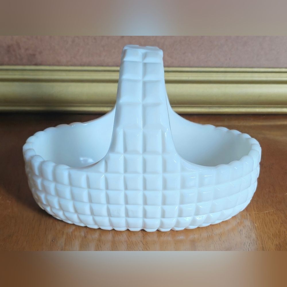 Duncan Miller White Milk Glass Textured Block Cut Ceramic Basket